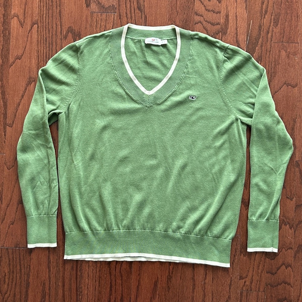 Vineyard Vines Mens XL Green V-Neck 100% Cotton Sweater White Trim RN 134578